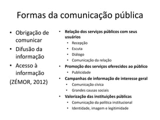 Formas da comunicação pública
• Obrigação de
comunicar
• Difusão da
informação
• Acesso à
informação
(ZÉMOR, 2012)
• Relação dos serviços públicos com seus
usuários
• Recepção
• Escuta
• Diálogo
• Comunicação da relação
• Promoção dos serviços oferecidos ao público
• Publicidade
• Campanhas de informação de interesse geral
• Comunicação cívica
• Grandes causas sociais
• Valorização das instituições públicas
• Comunicação da política institucional
• Identidade, imagem e legitimidade
 