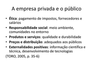 A empresa privada e o público
• Ética: pagamento de impostos, fornecedores e
salários
• Responsabilidade social: meio ambiente,
comunidades no entorno
• Produtos e serviços: qualidade e durabilidade
• Preços e distribuição: adequados aos públicos
• Externalidades positivas: informação científica e
técnica, desenvolvimento de tecnologias
(TORO, 2005, p. 35-6)
 