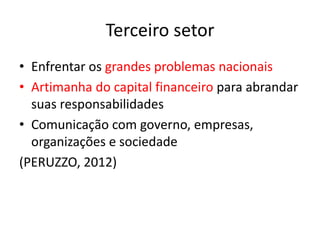 Terceiro setor
• Enfrentar os grandes problemas nacionais
• Artimanha do capital financeiro para abrandar
suas responsabilidades
• Comunicação com governo, empresas,
organizações e sociedade
(PERUZZO, 2012)
 