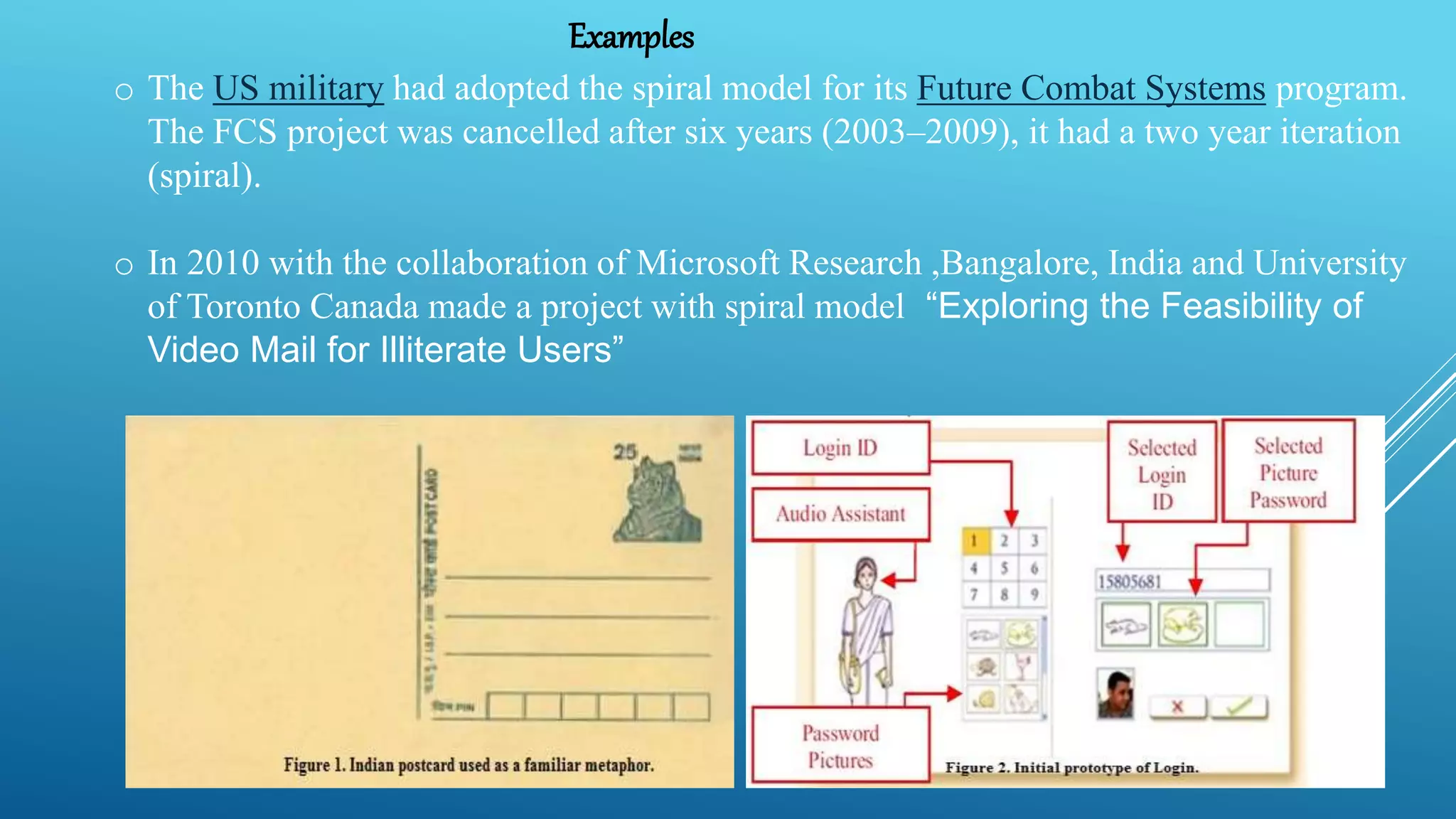 Examples
o The US military had adopted the spiral model for its Future Combat Systems program.
The FCS project was cancelled after six years (2003–2009), it had a two year iteration
(spiral).
o In 2010 with the collaboration of Microsoft Research ,Bangalore, India and University
of Toronto Canada made a project with spiral model “Exploring the Feasibility of
Video Mail for Illiterate Users”
 