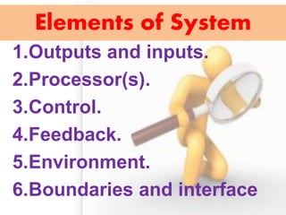 Elements of System 
1.Outputs and inputs. 
2.Processor(s). 
3.Control. 
4.Feedback. 
5.Environment. 
6.Boundaries and interface  