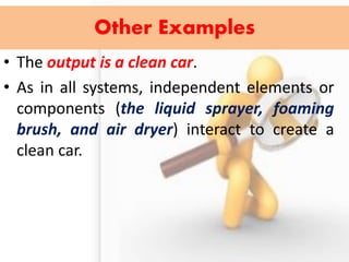 •The output is a clean car. 
•As in all systems, independent elements or components (the liquid sprayer, foaming brush, and air dryer) interact to create a clean car. 
Other Examples  