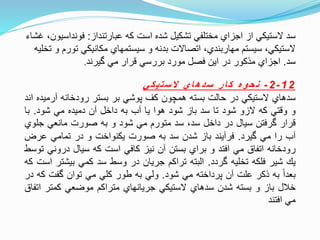 ‫عبارتنداز‬ ‫كه‬ ‫است‬ ‫شده‬ ‫تشكيل‬ ‫مختلفي‬ ‫اجزاي‬ ‫از‬ ‫الستيكي‬ ‫سد‬:‫فونداس‬‫غشاء‬ ،‫يون‬
‫تو‬ ‫مكانيكي‬ ‫سيستمهاي‬ ‫و‬ ‫بدنه‬ ‫اتصاالت‬ ،‫مهاربندي‬ ‫سيستم‬ ،‫الستيكي‬‫تخليه‬ ‫و‬ ‫رم‬
‫سد‬.‫ويرند‬ ‫مي‬ ‫نرار‬ ‫بررسي‬ ‫مورد‬ ‫فصل‬ ‫اين‬ ‫در‬ ‫ماكور‬ ‫اجزاي‬.
12-2-‫ه‬‫و‬‫ح‬‫ن‬‫ر‬‫ا‬‫ك‬‫ي‬‫ا‬‫ه‬‫د‬‫س‬‫ي‬‫ك‬‫ي‬‫ت‬‫س‬‫ال‬
‫سدهاي‬‫الستيكي‬‫در‬‫حالت‬‫بسته‬‫همچون‬‫كف‬‫پوشي‬‫بر‬‫بستر‬‫رودخانه‬‫آرم‬‫يده‬‫اند‬
‫و‬‫ونتي‬‫كه‬‫الزو‬‫شود‬‫تا‬‫سد‬‫باز‬‫شود‬‫هوا‬‫يا‬‫آب‬‫به‬‫داخل‬‫آن‬‫دميده‬‫مي‬‫شود‬.‫با‬
‫نرار‬‫ورفتن‬‫سيال‬‫در‬‫داخل‬،‫سد‬‫سد‬‫متورم‬‫مي‬‫شود‬‫و‬‫به‬‫صورت‬‫مانعي‬‫جلوي‬
‫آب‬‫را‬‫مي‬‫ويرد‬.‫فرآيند‬‫باز‬‫شدن‬‫سد‬‫به‬‫صورت‬‫يكنواخت‬‫و‬‫در‬‫تمامي‬‫عرض‬
‫رودخانه‬‫اتفا‬‫مي‬‫افتد‬‫و‬‫براي‬‫بستن‬‫آن‬‫نيز‬‫كافي‬‫است‬‫كه‬‫سيال‬‫دروني‬‫توسط‬
‫ي‬‫شير‬‫فلكه‬‫تخليه‬‫وردد‬.‫البته‬‫تراكم‬‫جريان‬‫در‬‫وسط‬‫سد‬‫كمي‬‫بيشت‬‫ر‬‫است‬‫كه‬
‫بعدا‬‫به‬‫اكر‬‫علت‬‫آن‬‫پرداخته‬‫مي‬‫شود‬.‫ولي‬‫به‬‫طور‬‫كلي‬‫مي‬‫توان‬‫وفت‬‫ك‬‫ه‬‫در‬
‫خلل‬‫باز‬‫و‬‫بسته‬‫شدن‬‫سدهاي‬‫الستيكي‬‫جريانهاي‬‫متراكم‬‫موضعي‬‫كمتر‬‫ا‬‫تفا‬
‫مي‬‫افتند‬
 
