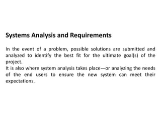 Systems Analysis and Requirements
In the event of a problem, possible solutions are submitted and
analyzed to identify the best fit for the ultimate goal(s) of the
project.
It is also where system analysis takes place—or analyzing the needs
of the end users to ensure the new system can meet their
expectations.
 