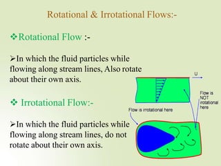 Rotational & Irrotational Flows:-
Rotational Flow :-
In which the fluid particles while
flowing along stream lines, Also rotate
about their own axis.
 Irrotational Flow:-
In which the fluid particles while
flowing along stream lines, do not
rotate about their own axis.
 