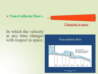  Non-Uniform Flow:-
In which the velocity
at any time changes
with respect to space.
Changing in space
 