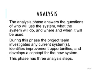 1
-
14
The analysis phase answers the questions
of who will use the system, what the
system will do, and where and when it will
be used.
During this phase the project team
investigates any current system(s),
identifies improvement opportunities, and
develops a concept for the new system.
This phase has three analysis steps.
ANALYSIS
 