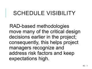 SCHEDULE VISIBILITY
RAD-based methodologies
move many of the critical design
decisions earlier in the project;
consequently, this helps project
managers recognize and
address risk factors and keep
expectations high.
1
-
45
 
