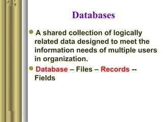 Databases
A shared collection of logically
related data designed to meet the
information needs of multiple users
in organization.
Database – Files – Records --
Fields
 
