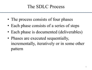 The SDLC Process
• The process consists of four phases
• Each phase consists of a series of steps
• Each phase is documented (deliverables)
• Phases are executed sequentially,
incrementally, iteratively or in some other
pattern
5
 