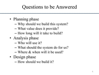Questions to be Answered
• Planning phase
– Why should we build this system?
– What value does it provide?
– How long will it take to build?
• Analysis phase
– Who will use it?
– What should the system do for us?
– Where & when will it be used?
• Design phase
– How should we build it?
6
 