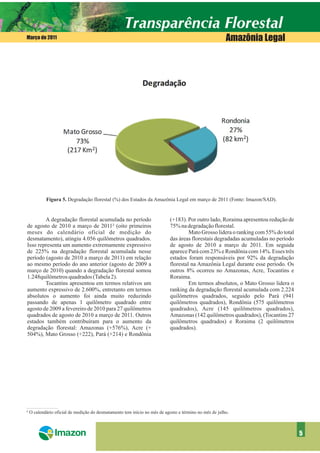 Março de 2011                                                                                         Amazônia Legal




          Figura 5. Degradação florestal (%) dos Estados da Amazônia Legal em março de 2011 (Fonte: Imazon/SAD).


        A degradação florestal acumulada no período                      (+183). Por outro lado, Roraima apresentou redução de
de agosto de 2010 a março de 2011² (oito primeiros                       75% na degradação florestal.
meses do calendário oficial de medição do                                         Mato Grosso lidera o ranking com 55% do total
desmatamento), atingiu 4.056 quilômetros quadrados.                      das áreas florestais degradadas acumuladas no período
Isso representa um aumento extremamente expressivo                       de agosto de 2010 a março de 2011. Em seguida
de 225% na degradação florestal acumulada nesse                          aparece Pará com 23% e Rondônia com 14%. Esses três
período (agosto de 2010 a março de 2011) em relação                      estados foram responsáveis por 92% da degradação
ao mesmo período do ano anterior (agosto de 2009 a                       florestal na Amazônia Legal durante esse período. Os
março de 2010) quando a degradação florestal somou                       outros 8% ocorreu no Amazonas, Acre, Tocantins e
1.248quilômetros quadrados (Tabela 2).                                   Roraima.
        Tocantins apresentou em termos relativos um                               Em termos absolutos, o Mato Grosso lidera o
aumento expressivo de 2.600%, entretanto em termos                       ranking da degradação florestal acumulada com 2.224
absolutos o aumento foi ainda muito reduzindo                            quilômetros quadrados, seguido pelo Pará (941
passando de apenas 1 quilômetro quadrado entre                           quilômetros quadrados), Rondônia (575 quilômetros
agosto de 2009 a fevereiro de 2010 para 27 quilômetros                   quadrados), Acre (145 quilômetros quadrados),
quadrados de agosto de 2010 a março de 2011. Outros                      Amazonas (142 quilômetros quadrados), (Tocantins 27
estados também contribuíram para o aumento da                            quilômetros quadrados) e Roraima (2 quilômetros
degradação florestal: Amazonas (+576%), Acre (+                          quadrados).
504%), Mato Grosso (+222), Pará (+214) e Rondônia




² O calendário oficial de medição do desmatamento tem início no mês de agosto e término no mês de julho.



                                                                                                                                  5
 
