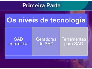 Primeira Parte

Os níveis de tecnologia
SAD
específico

Geradores
de SAD

Ferramentas
para SAD

 