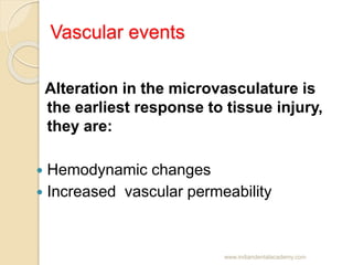 Vascular events
Alteration in the microvasculature is
the earliest response to tissue injury,
they are:
 Hemodynamic chan...