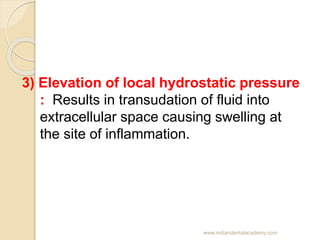3) Elevation of local hydrostatic pressure
: Results in transudation of fluid into
extracellular space causing swelling at...