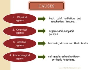 CAUSES
1. Physical
agents
2. Chemical
agents
3. Infective
agents
4. Immunological
agents
heat, cold, radiation and
mechani...