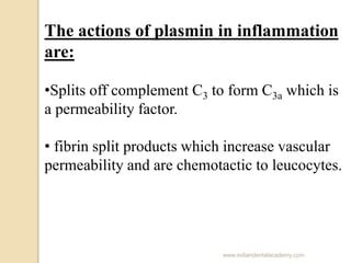 The actions of plasmin in inflammation
are:
•Splits off complement C3 to form C3a which is
a permeability factor.
• fibrin...