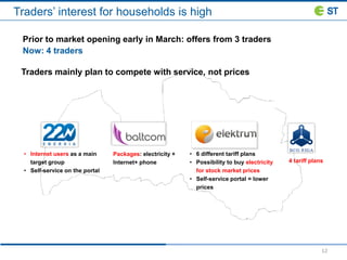 12
Traders’ interest for households is high
Prior to market opening early in March: offers from 3 traders
Now: 4 traders
Traders mainly plan to compete with service, not prices
• 6 different tariff plans
• Possibility to buy electricity
for stock market prices
• Self-service portal = lower
prices
• Internet users as a main
target group
• Self-service on the portal
Packages: electricity +
Internet+ phone 4 tariff plans
 