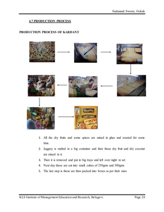 Sadanand Sweets, Gokak
KLS Institute of Management Education and Research, Belagavi. Page 24
4.7 PRODUCTION PROCESS
PRODUCTION PROCESS OF KARDANT
1. All the dry fruits and some spices are mixed in ghee and roasted for some
time.
2. Jaggery is melted in a big container and then those dry fruit and dry coconut
are mixed in it.
3. Then it is removed and put in big trays and left over night to set
4. Next day those are cut into small cubes of 250gms and 500gms
5. The last step is those are then packed into boxes as per their sizes
 