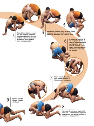 5
             Na seqüência, Toquinho passa a    4   Rapidamente, Toquinho tira a sua perna direita,
                                                   que estava entre as pernas do adversário, e


     3
             sua mão esquerda, que estava          começa um movimento para ir para as costas
             na nuca do adversário, por cima
             do braço esquerdo do oponente


                                                                                6
             e cata a sua perna esquerda,                                              Na seqüência, Toquinho, já
             como mostra o detalhe                                                     com um gancho, domina as
                                                                                       costas do adversário jogando
                                                                                       o peso do peito contra as
                                                                                       costas do oponente e passa
                                                                                       o braço direito por baixo da
                                                                                       axila direita do adversário
                                                                                       (ver detalhe)




                                                        7      Feito o domínio, Toquinho
                                                               apoia sua mão esquerda no
                                                               chão e coloca o outro gancho




9   Toquinho "espalha
    o frango" e ajusta
    a finalização



                                                                            8
                                                                             Nas costas do adversário, Toquinho já
                                                                             entra com a sua mão direita no pescoço
                                                                             do adversário (ver detalhe) e começa a
                                                                             encaixar o estrangulamento
 