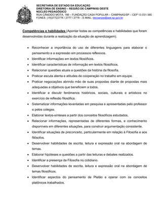 SECRETARIA DE ESTADO DA EDUCAÇÃO
DIRETORIA DE ENSINO – REGIÃO DE CAMPINAS OESTE
NÚCLEO PEDAGÓGICO
RUA CÂNDIDO MOTA, 186 – FUNDAÇÃO CASA POPULAR – CAMPINAS/SP – CEP 13.031-385
FONES: (19)37722776 / 2777 / 2778 – E-MAIL: decoenpe@see.sp.gov.br

Competências e habilidades (Apontar todas as competências e habilidades que foram
desenvolvidas durante a realização da situação de aprendizagem).
 Reconhecer a importância do uso de diferentes linguagens para elaborar o
pensamento e a expressão em processos reflexivos.
 Identificar informações em textos filosóficos.
 Identificar características de informação em textos filosóficos.
 Relacionar questões atuais a questões da história da filosofia.
 Praticar escuta atenta e atitudes de cooperação no trabalho em equipe.
 Praticar negociações abrindo mão de suas propostas diante de propostas mais
adequadas a objetivos que beneficiem a todos.
 Identificar e discutir fenômenos históricos, sociais, culturais e artísticos no
exercício de reflexão filosófica.
 Sistematizar informações levantadas em pesquisa e apresentadas pelo professor
e pelos colegas.
 Elaborar textos-sínteses a partir dos conceitos filosóficos estudados.
 Relacionar informações, representadas de diferentes formas, e conhecimento
disponíveis em diferentes situações, para construir argumentação consistente.
 Identificar situações de preconceito, particularmente em relação à Filosofia e aos
filósofos.
 Desenvolver habilidades de escrita, leitura e expressão oral na abordagem de
temas.
 Elaborar hipóteses e questões a partir das leituras e debates realizados.
 Identificar a presença da Filosofia no cotidiano.
 Desenvolver habilidades de escrita, leitura e expressão oral na abordagem de
temas filosóficos.
 Identificar aspectos do pensamento de Platão e operar com os conceitos
platônicos trabalhados.

 