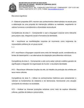 SECRETARIA DE ESTADO DA EDUCAÇÃO
DIRETORIA DE ENSINO – REGIÃO DE CAMPINAS OESTE
NÚCLEO PEDAGÓGICO
RUA CÂNDIDO MOTA, 186 – FUNDAÇÃO CASA POPULAR – CAMPINAS/SP – CEP 13.031-385
FONES: (19)37722776 / 2777 / 2778 – E-MAIL: decoenpe@see.sp.gov.br

Dos eixos-cognitivos:

V - Elaborar propostas (EP): recorrer aos conhecimentos desenvolvidos na escola para
a elaboração de uma proposta de intervenção solidária na realidade, respeitando os
valores humanos e considerando a diversidade sociocultural.
Competências de área 3 – Compreender e usar a linguagem corporal como relevante
para própria vida, integrando social e formadora da identidade.
H9 – reconhecer as manifestações corporais de movimento como originarias da
necessidade cotidiana de um grupo social
(...)

H11- reconhecer a linguagem corporal como meio de interação social, considerando os
limites de desempenho e as alternativas de adaptação para diferentes indivíduos.
Competência de área 4 – Compreender a arte como saber cultural e estético gerador de
significação e integrador de organização do mundo e da própria identidade.
H12 – Reconhecer diferentes funções da arte, do trabalho da produção dos artistas em
seus meios culturais.
Competência de área 5 – Utilizar os conhecimentos históricos para compreender e
valorizar os fundamentos da cidadania e da democracia, favorecendo uma atuação
consciente do individuo na sociedade.
H13 – Analisar as diversas produções artísticas como meio de explicar diferentes
culturas, padrões de beleza e preconceitos.

 
