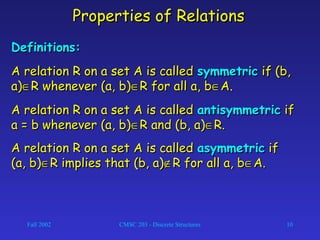 Fall 2002 CMSC 203 - Discrete Structures 10
Properties of RelationsProperties of Relations
Definitions:Definitions:
A relation R on a set A is calledA relation R on a set A is called symmetricsymmetric if (b,if (b,
a)a)∈∈R whenever (a, b)R whenever (a, b)∈∈R for all a, bR for all a, b∈∈A.A.
A relation R on a set A is calledA relation R on a set A is called antisymmetricantisymmetric ifif
a = b whenever (a, b)a = b whenever (a, b)∈∈R and (b, a)R and (b, a)∈∈R.R.
A relation R on a set A is calledA relation R on a set A is called asymmetricasymmetric ifif
(a, b)(a, b)∈∈R implies that (b, a)R implies that (b, a)∉∉R for all a, bR for all a, b∈∈A.A.
 