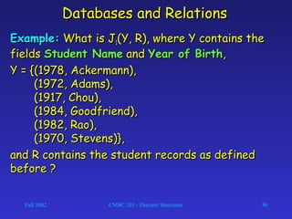 Fall 2002 CMSC 203 - Discrete Structures 30
Databases and RelationsDatabases and Relations
Example:Example: What is JWhat is J11(Y, R), where Y contains the(Y, R), where Y contains the
fieldsfields Student NameStudent Name andand Year of BirthYear of Birth,,
Y = {(1978, Ackermann),Y = {(1978, Ackermann),
(1972, Adams),(1972, Adams),
(1917, Chou),(1917, Chou),
(1984, Goodfriend),(1984, Goodfriend),
(1982, Rao),(1982, Rao),
(1970, Stevens)},(1970, Stevens)},
and R contains the student records as definedand R contains the student records as defined
before ?before ?
 