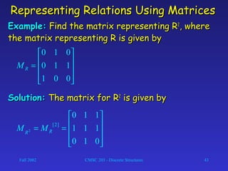 Fall 2002 CMSC 203 - Discrete Structures 43
Representing Relations Using MatricesRepresenting Relations Using Matrices
Example:Example: Find the matrix representing RFind the matrix representing R22
, where, where
the matrix representing R is given bythe matrix representing R is given by










=
001
110
010
RM
Solution:Solution: The matrix for RThe matrix for R22
is given byis given by










==
010
111
110
]2[
2 RR
MM
 