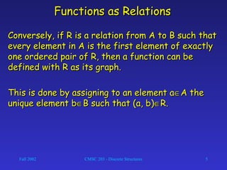 Fall 2002 CMSC 203 - Discrete Structures 5
Functions as RelationsFunctions as Relations
Conversely, if R is a relation from A to B such thatConversely, if R is a relation from A to B such that
every element in A is the first element of exactlyevery element in A is the first element of exactly
one ordered pair of R, then a function can beone ordered pair of R, then a function can be
defined with R as its graph.defined with R as its graph.
This is done by assigning to an element aThis is done by assigning to an element a∈∈A theA the
unique element bunique element b∈∈B such that (a, b)B such that (a, b)∈∈R.R.
 