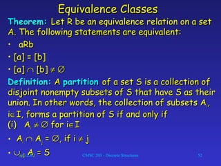Fall 2002 CMSC 203 - Discrete Structures 52
Equivalence ClassesEquivalence Classes
Theorem:Theorem: Let R be an equivalence relation on a setLet R be an equivalence relation on a set
A. The following statements are equivalent:A. The following statements are equivalent:
• aRbaRb
• [a] = [b][a] = [b]
• [a][a] ∩∩ [b][b] ≠≠ ∅∅
Definition:Definition: AA partitionpartition of a set S is a collection ofof a set S is a collection of
disjoint nonempty subsets of S that have S as theirdisjoint nonempty subsets of S that have S as their
union. In other words, the collection of subsets Aunion. In other words, the collection of subsets Aii,,
ii∈∈I, forms a partition of S if and only ifI, forms a partition of S if and only if
(i) A(i) Aii ≠≠ ∅∅ for ifor i∈∈II
• AAii ∩∩ AAjj == ∅∅, if i, if i ≠≠ jj
• ∪∪ii∈∈II AAii = S= S
 