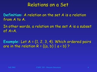 Fall 2002 CMSC 203 - Discrete Structures 6
Relations on a SetRelations on a Set
Definition:Definition: A relation on the set A is a relationA relation on the set A is a relation
from A to A.from A to A.
In other words, a relation on the set A is a subsetIn other words, a relation on the set A is a subset
of Aof A××A.A.
Example:Example: Let A = {1, 2, 3, 4}. Which ordered pairsLet A = {1, 2, 3, 4}. Which ordered pairs
are in the relation R = {(a, b) | a < b} ?are in the relation R = {(a, b) | a < b} ?
 