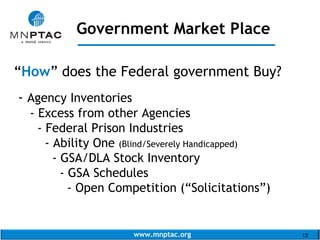 www.mnptac.org 13
“How” does the Federal government Buy?
- Agency Inventories
- Excess from other Agencies
- Federal Prison Industries
- Ability One (Blind/Severely Handicapped)
- GSA/DLA Stock Inventory
- GSA Schedules
- Open Competition (“Solicitations”)
Government Market Place
_____________________
 