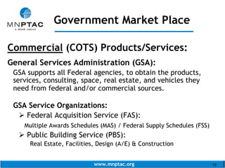 www.mnptac.org 19
Commercial (COTS) Products/Services:
General Services Administration (GSA):
GSA supports all Federal agencies, to obtain the products,
services, consulting, space, real estate, and vehicles they
need from federal and/or commercial sources.
GSA Service Organizations:
 Federal Acquisition Service (FAS):
Multiple Awards Schedules (MAS) / Federal Supply Schedules (FSS)
 Public Building Service (PBS):
Real Estate, Facilities, Design (A/E) & Construction
Government Market Place
_____________________
 