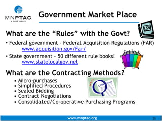 www.mnptac.org 25
What are the “Rules” with the Govt?
• Federal government - Federal Acquisition Regulations (FAR)
www.acquisition.gov/Far/
• State government – 50 different rule books!
www.statelocalgov.net
What are the Contracting Methods?
• Micro-purchases
• Simplified Procedures
• Sealed Bidding
• Contract Negotiations
• Consolidated/Co-operative Purchasing Programs
Government Market Place
_____________________
 