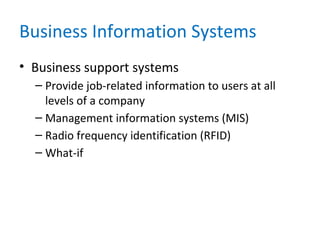 Business Information Systems
• Business support systems
– Provide job-related information to users at all
levels of a company
– Management information systems (MIS)
– Radio frequency identification (RFID)
– What-if
 