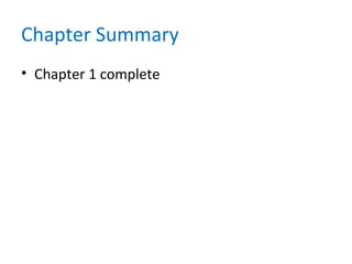 Chapter Summary
• Chapter 1 complete
 