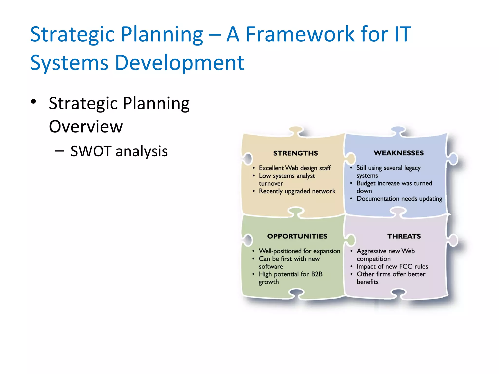 Strategic Planning – A Framework for IT
Systems Development
• Strategic Planning
Overview
– SWOT analysis
 