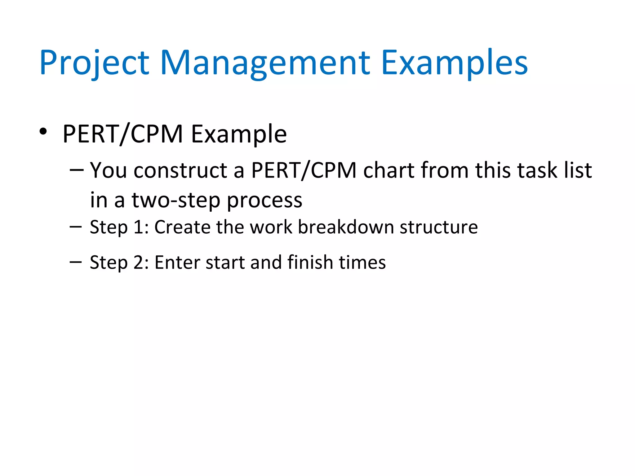 Project Management Examples
• PERT/CPM Example
– You construct a PERT/CPM chart from this task list
in a two-step process
– Step 1: Create the work breakdown structure
– Step 2: Enter start and finish times
 