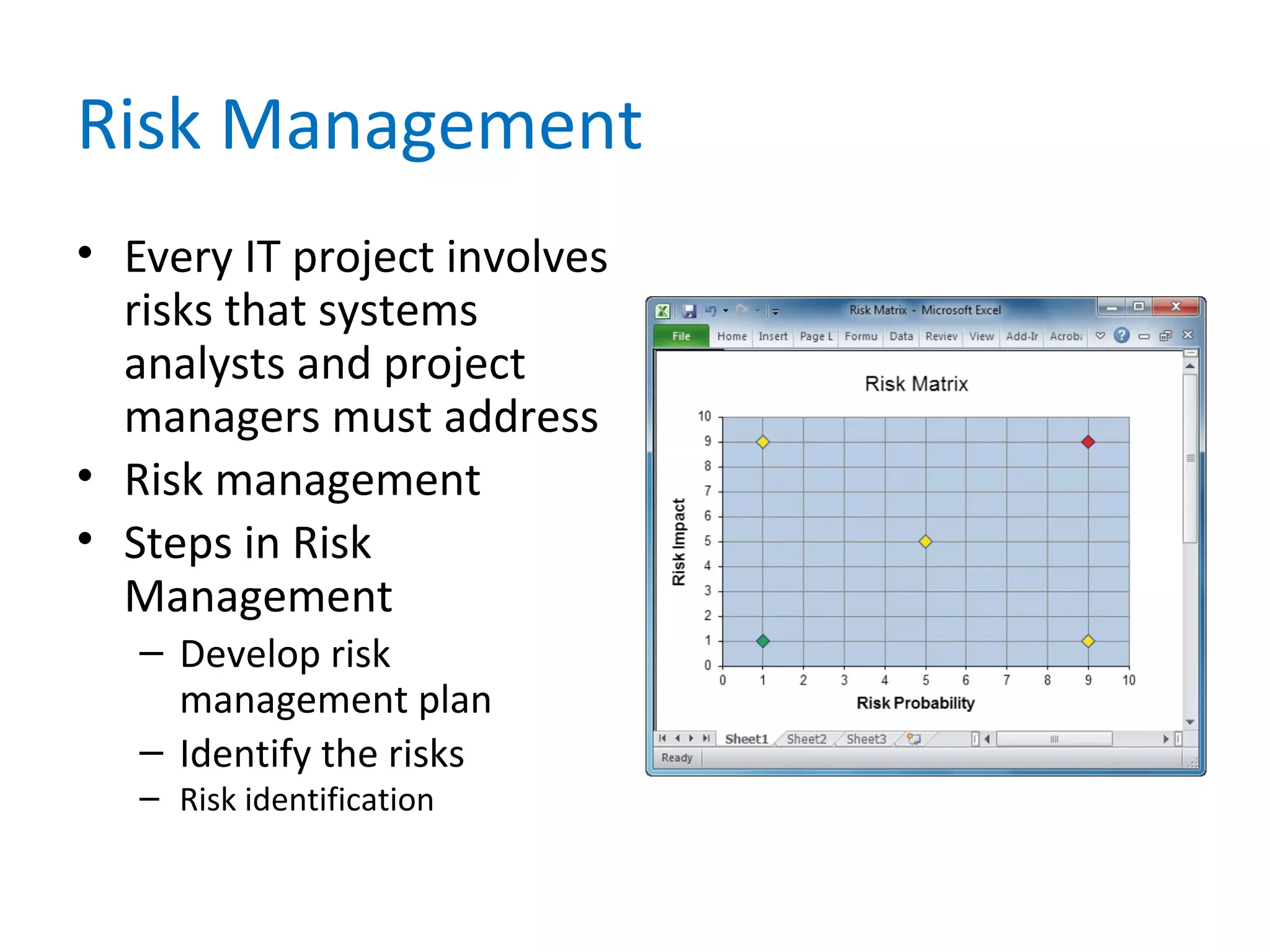Risk Management
• Every IT project involves
risks that systems
analysts and project
managers must address
• Risk management
• Steps in Risk
Management
– Develop risk
management plan
– Identify the risks
– Risk identification
 