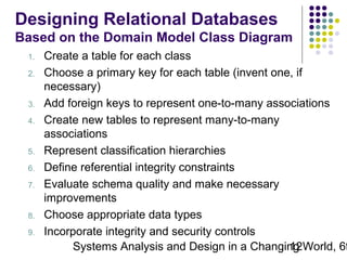 Designing Relational Databases
Based on the Domain Model Class Diagram
1.
2.

3.
4.

5.
6.
7.

8.
9.

Create a table for each class
Choose a primary key for each table (invent one, if
necessary)
Add foreign keys to represent one-to-many associations
Create new tables to represent many-to-many
associations
Represent classification hierarchies
Define referential integrity constraints
Evaluate schema quality and make necessary
improvements
Choose appropriate data types
Incorporate integrity and security controls
Systems Analysis and Design in a Changing World, 6t
12

 