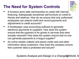 The Need for System Controls






A furniture store sells merchandise on credit with internal
financing. Salespeople sometimes sell furniture on credit to
friends and relatives. How do we ensure that only authorized
employees can extend credit and record payments and
adjustments to credit accounts?
A bookkeeper uses accounting software to generate
electronic payments to suppliers. How does the system
ensure that the payment is for goods or services that were
actually received? How does the system ensure that no one
can generate payments to a bogus supplier?
An online retailer collects and stores credit card and other
information about customers. How does the company ensure
that customer data is protected and secure?

Systems Analysis and Design in a Changing World, 6t
24

 