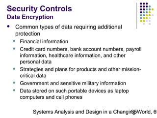 Security Controls
Data Encryption


Common types of data requiring additional
protection








Financial information
Credit card numbers, bank account numbers, payroll
information, healthcare information, and other
personal data
Strategies and plans for products and other missioncritical data
Government and sensitive military information
Data stored on such portable devices as laptop
computers and cell phones

Systems Analysis and Design in a Changing World, 6t
35

 