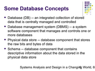 Some Database Concepts








Database (DB) -- an integrated collection of stored
data that is centrally managed and controlled
Database management system (DBMS) -- a system
software component that manages and controls one or
more databases
Physical data store -- database component that stores
the raw bits and bytes of data
Schema -- database component that contains
descriptive information about the data stored in the
physical data store

Systems Analysis and Design in a Changing World, 6t
6

 