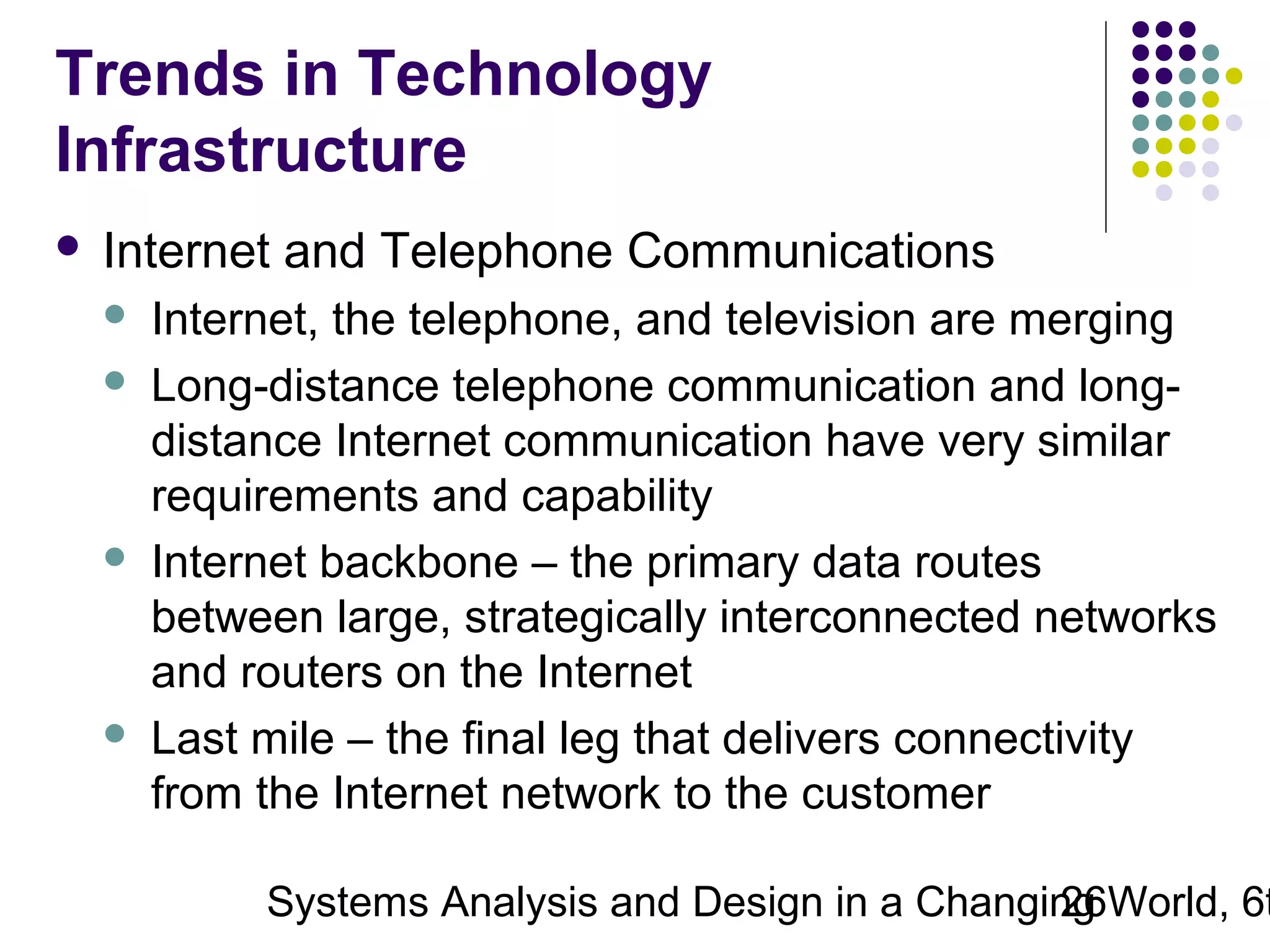 Trends in Technology
Infrastructure


Internet and Telephone Communications







Internet, the telephone, and television are merging
Long-distance telephone communication and longdistance Internet communication have very similar
requirements and capability
Internet backbone – the primary data routes
between large, strategically interconnected networks
and routers on the Internet
Last mile – the final leg that delivers connectivity
from the Internet network to the customer

Systems Analysis and Design in a Changing World, 6t
26

 