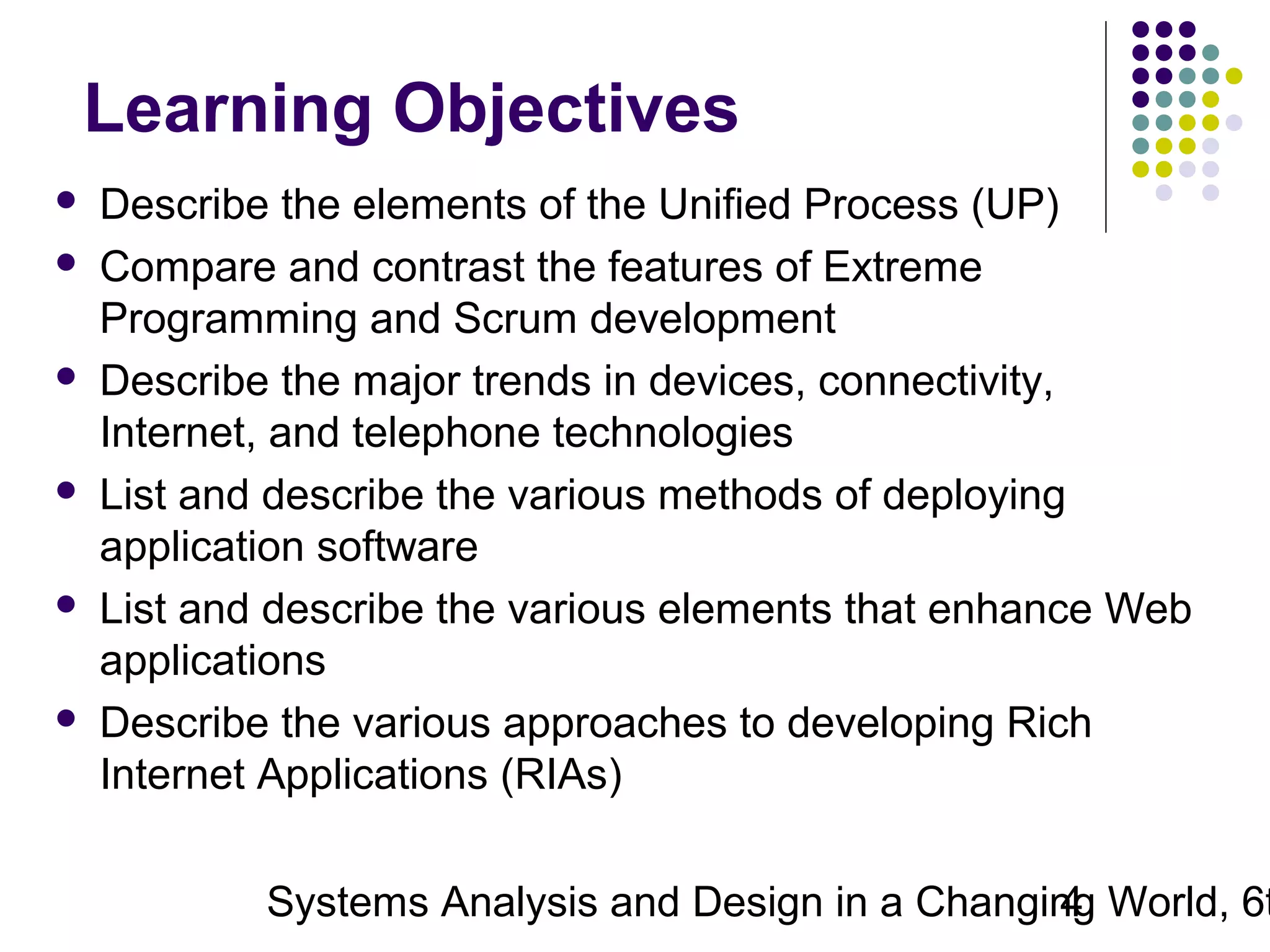 Learning Objectives











Describe the elements of the Unified Process (UP)
Compare and contrast the features of Extreme
Programming and Scrum development
Describe the major trends in devices, connectivity,
Internet, and telephone technologies
List and describe the various methods of deploying
application software
List and describe the various elements that enhance Web
applications
Describe the various approaches to developing Rich
Internet Applications (RIAs)

Systems Analysis and Design in a Changing World, 6t
4

 