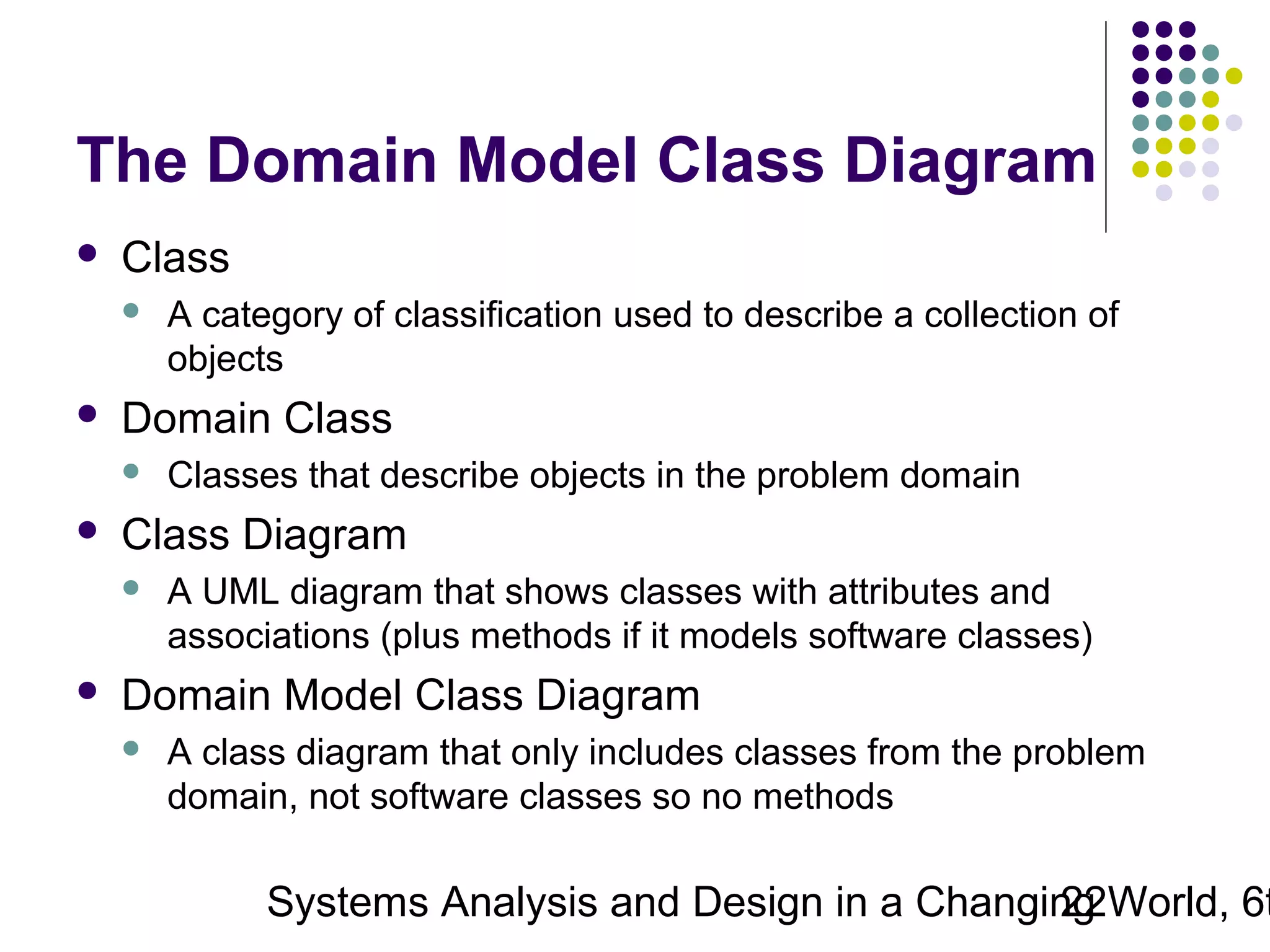 The Domain Model Class Diagram


Class




Domain Class




Classes that describe objects in the problem domain

Class Diagram




A category of classification used to describe a collection of
objects

A UML diagram that shows classes with attributes and
associations (plus methods if it models software classes)

Domain Model Class Diagram


A class diagram that only includes classes from the problem
domain, not software classes so no methods

Systems Analysis and Design in a Changing World, 6t
22

 
