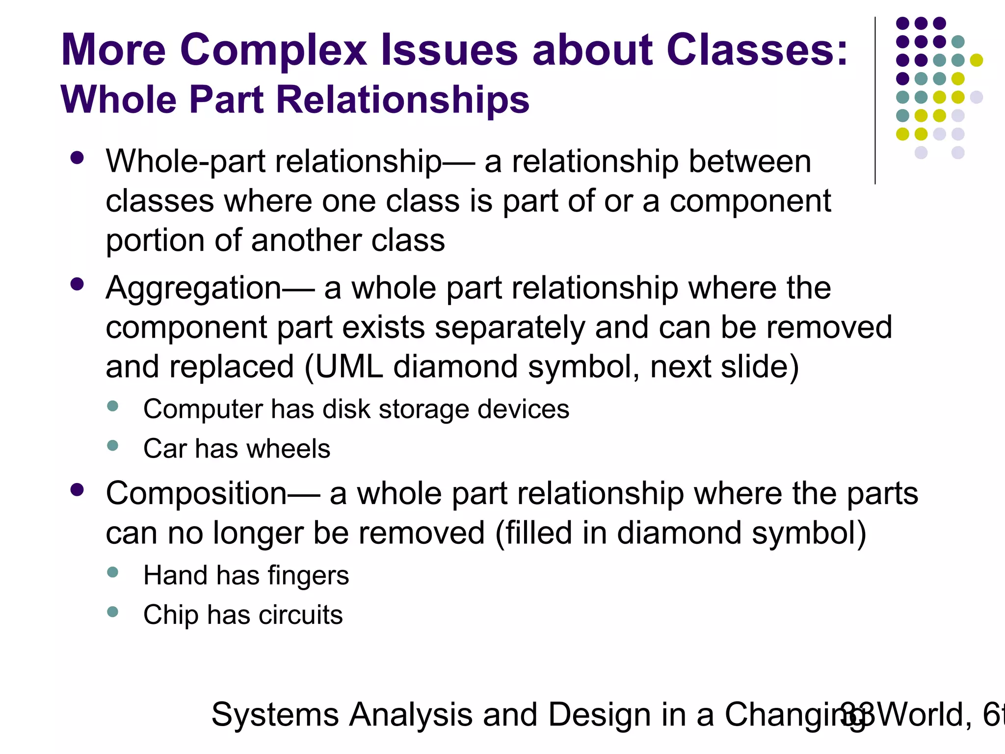 More Complex Issues about Classes:
Whole Part Relationships




Whole-part relationship— a relationship between
classes where one class is part of or a component
portion of another class
Aggregation— a whole part relationship where the
component part exists separately and can be removed
and replaced (UML diamond symbol, next slide)





Computer has disk storage devices
Car has wheels

Composition— a whole part relationship where the parts
can no longer be removed (filled in diamond symbol)



Hand has fingers
Chip has circuits

Systems Analysis and Design in a Changing World, 6t
33

 