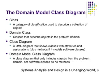 The Domain Model Class Diagram


Class




Domain Class




Classes that describe objects in the problem domain

Class Diagram




A category of classification used to describe a collection of
objects

A UML diagram that shows classes with attributes and
associations (plus methods if it models software classes)

Domain Model Class Diagram


A class diagram that only includes classes from the problem
domain, not software classes so no methods

Systems Analysis and Design in a Changing World, 6t
22

 