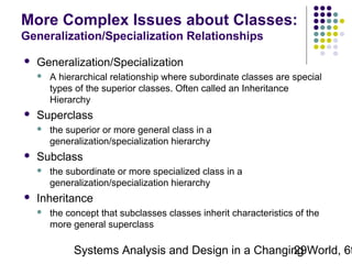 More Complex Issues about Classes:
Generalization/Specialization Relationships


Generalization/Specialization




Superclass




the superior or more general class in a
generalization/specialization hierarchy

Subclass




A hierarchical relationship where subordinate classes are special
types of the superior classes. Often called an Inheritance
Hierarchy

the subordinate or more specialized class in a
generalization/specialization hierarchy

Inheritance


the concept that subclasses classes inherit characteristics of the
more general superclass

Systems Analysis and Design in a Changing World, 6t
29

 